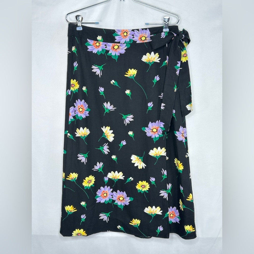 Loft Black Floral Wrap Skirt Linen‎ Blend Daisy Bohemian Sz 6